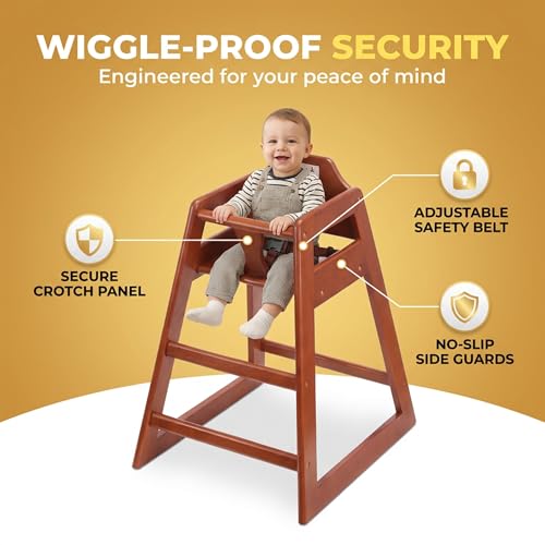 Image of Mahogany Wooden Restaurant High Chair - Stackable Rubberwood Dining Chair with Safety Bar, Easy-Clean Finish, Commercial Restaurant Seating