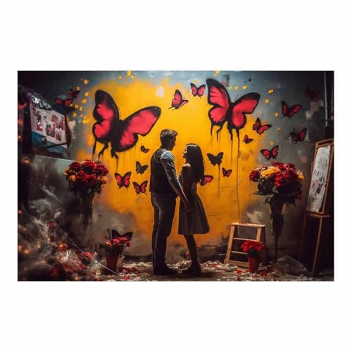 Poster grand format couple papillons graffiti art mural contemporain vintage salon TERUEA