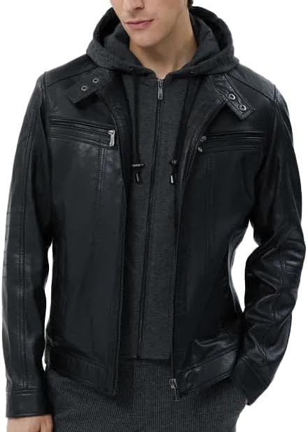 Men's Hooded Genuine Lambskin Leather Jackets Men - Motorcycle Leather Jacket With Removable Hood