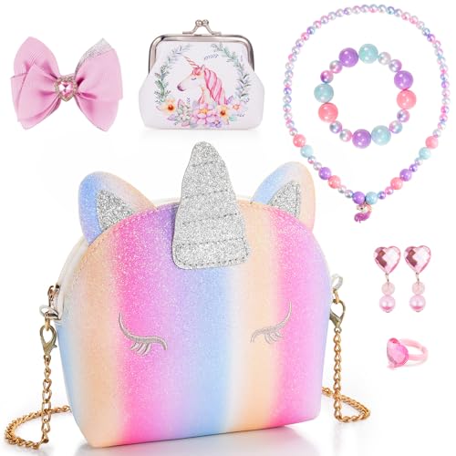 Hapikids Bolso de Unicornio y Joyas para Niñas de 2 a 9 Años - Regalo de Cumpleaños y Juguete para Edades 3-8