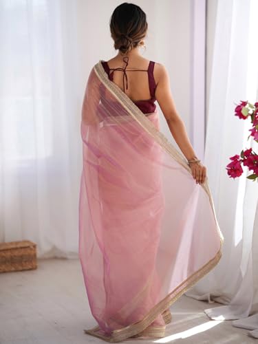 Image of AKHILAM Women's Shimmer Net Solid Saree With Unstitched Blouse Piece