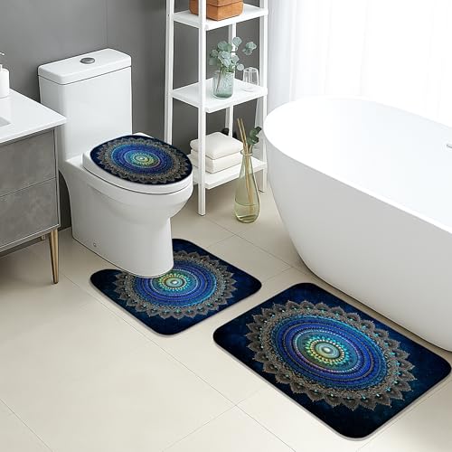 Juego de 3 alfombrillas de baño de mandala con patrón circular colorido, absorbentes, antideslizantes, en forma de U, lavables, modernas alfombras de baño de franela de secado rápido