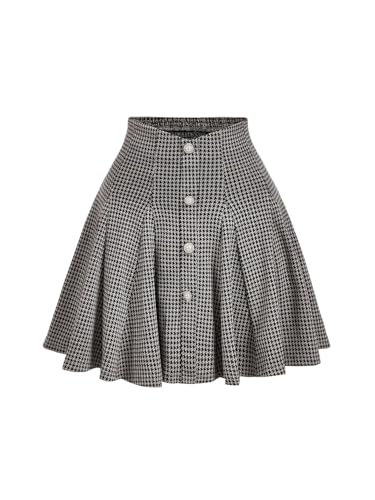 MakeMeChic Women's Houndstooth Pearl Beaded Skirt High Waisted A Line Pleated Preppy Short Skirt