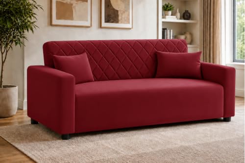 Image of Rosebell 3 Seater Wooden Sofa for Living Room, Modern Fabric Upholstered Sofa with Quilted Backrest, Cushioned Seating, Padded Armrests & Sturdy Wooden Frame - Red