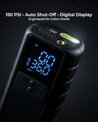 Image of Wundercurrent Air Tank Tyre Inflator & Power Bank - 150 PSI, 8000 mAh Lithium-ion Battery, Digital Display, Auto Shut-Off, LED Light, USB-C Rechargeable for Car, Bike & Sports Balls