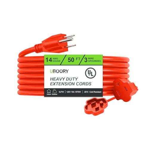 UBOORY Outdoor Extension Cord Waterproof 50 FT Orange 14/3 SJTW Heavy Duty Flexible 100% Copper 3 Prong Extension Cord for Lawn Garage UL Listed