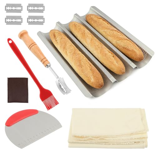 BAVRQMZX Baguette Bread Pan, Nonstick Baguette Pan for French Loaf Baking with Dough Scraper, Pastry Brush, Bread Lame, Replacement Blades, Banneton Cloth for Sourdough, Artisan Bake Baking