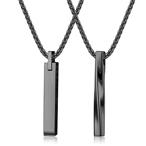 LOLIAS 2pcs Stainless Steel Stick Bar Necklace Set for Men Women Cool Unisex Twisted Cube Bar Vertical Cuboid Stick Pendant Chain Necklace