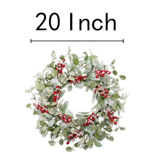 Image of 20 Inch Artificial Christmas Wreath Lambs Ear Leaves Door Wreath Winter Wreath with Artificial Snow Red Berries Christmas Decorations for Home Wall Window Decor