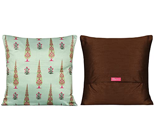 Image of India Circus by Krsnaa Mehta Peacock & Conifer Multicolor Satin Blend Cushion Pillow Covers Set of 5 (16 x 16 Inches), 110 TC