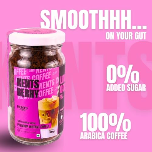 Image of Kents Coffee Berry Delight Cappuccino - Berry Flavor | Plant-Based Instant Coffee | Rich & Creamy | Hot, Iced & Dessert Drinks | 50gm Unbreakable Glass Jar | Hot & Cold Coffee | No Added Sugar, No Artificial Flavours