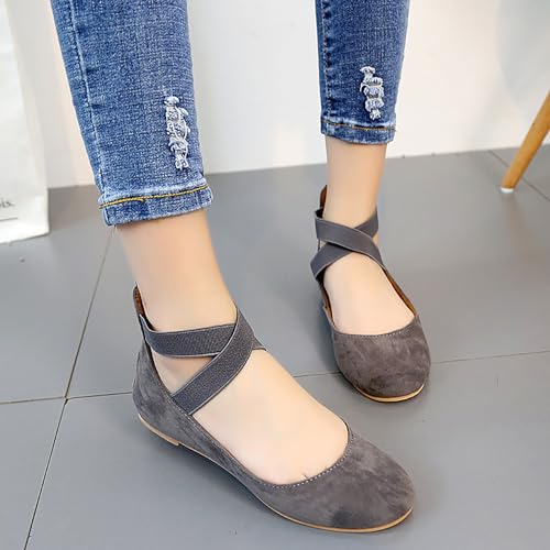 Women's Suede Round Toe Ballet Flats with Intersect Elastic Strap Fashion Back Zipper Casual Comfortable Low Chunky Heel Walking Shoes for Daily Shopping Office Driving4