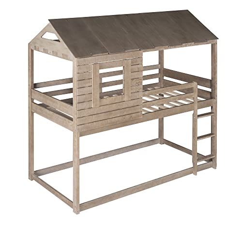 Lifeand Twin Over Twin Bunk Bed With Roof, Window, Guardrail, Ladder For Kids Teens (Antique Brown) #TOP5