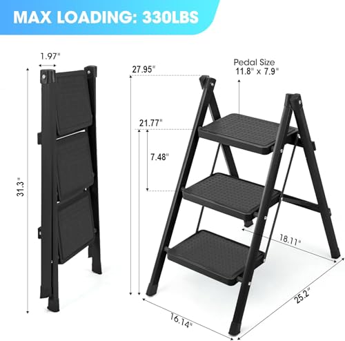 3 Step Ladder, Folding Step Stool for Adults, Lightweight Aluminum Step Ladder, Portable 330 LBS Capacity Ladders for Home Kitchen Library Office, Small Step Stools with Anti-Slip Wide Pedals by YLWSHRNT - Image 2