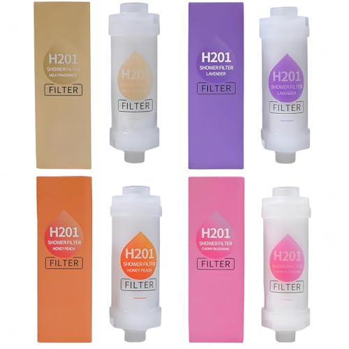 4-Pack Vitamin C Shower Filter Aromatherapy Shower Head Filter & Hard Water Softener Removes Chlorine Fluoride & Impurities for Healthy Skin & Hair(Lavender + Milk +Cherry Blossom + Peach)