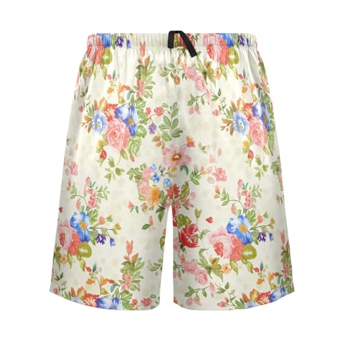 Floral Beige Pajama Shorts for Men Lounge Pants Sleep Lounge Pants Mens Shorts with Pockets, S-XXL
