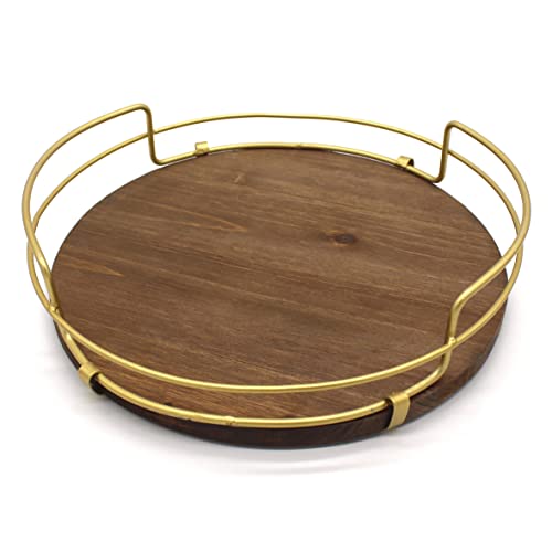 CVHOMEDECO. Decorative Tray with Golden Handle Round Wood Serving Tray with Metal Handles for Breakfast in Bed, Lunch, Dinner, Appetizers, Kitchen, Ottoman, Coffee Table, BBQ and Party