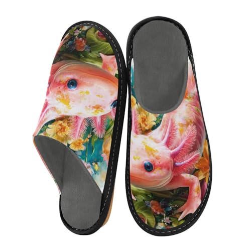 Slippers for Women Colorful Axolotl Flowers Artwork Soft Fuzzy Women's Slippers Indoor and Outdoor Shoes