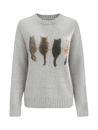 WDIRARA Women's Cat Graphic Sweater Long Sleeve Crew Neck Knit Tops Casual Knitwear3