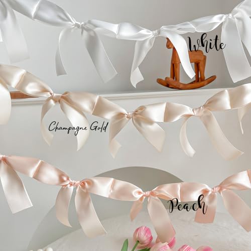 Image of Pre-Assembled White Bow Garland - 6ft Elegant Church Wedding Decor, Baby Shower Banner & Bridal Shower Backdrop, Thick Satin No DIY Needed! Baby Room Bed Decor (White, 6ft)