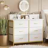 BOLUO White and Gold Modern 6 Drawer Fabric Dresser with Lighted Mirror and Charging Station
