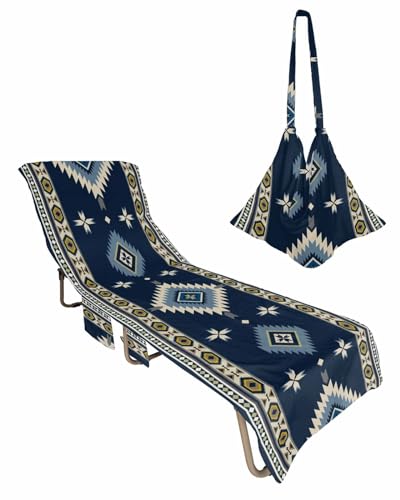 Navy Blue Southwestern Beach Chair Towel Covers for Chaise Lounge with Side Pocket, Soft Plush Pool Towels Cover for Patio Sunbathing Outdoor Rustic Tribal Ethnic Classic Multi Geometric 29''x85''