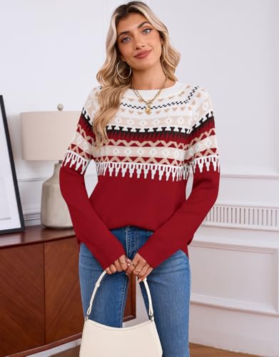 Image of Women's Fair Isle Sweater Crew Neck Long Sleeve Heart Sweater Vintage Tops