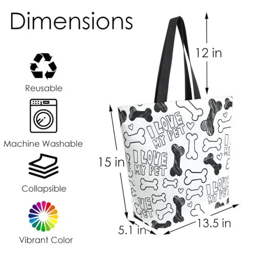 I Love My Pet Dog Bone Cute Canvas Tote Bag for Women with Zipper Pocket Reusable Grocery Shopping Bags Large Travel Shoulder Bag Handbag Bags4