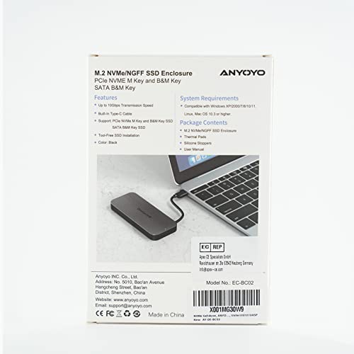 NVMe Gehäuse, ANYOYO M.2 NVMe SATA Gehäuse 10 Gbps PCIe M.2 SSD Gehäuse für 2230 2242 2260 2280 M.2 NVME/SATA SSD von M-Key oder M+B Key, Typ-C USB 3.2 Gen2 Solid State Drive Hülle, Unterstützt UASP