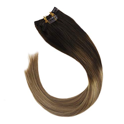 Sunny 20inch Clip In Hair Extensions Silky Straight Color #2 Darkest Brown Fading to #6 Light Brown Mixed #27 Caramel Blonde Clip On Hair Extensions Human Hair 7pcs 120g