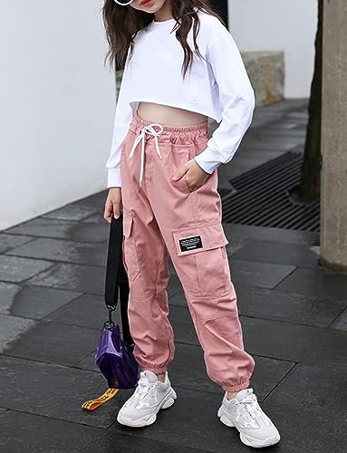 Image of Kids Girls Casual Cargo Pants Boys Solid Loose Parachute Trousers with Multi Pockets High Waist Dance Streetwear with Elastic Ankle Cuffs Outdoor Joggers Pink 7-8 Years