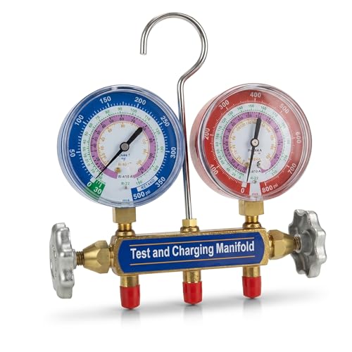 DKwoeshg 2-Valve A2L Manifold with 3-1/8 Gauges for R32/R454B/R410A Refrigerants HVAC Service Manifold with 1% Accuracy (60 Plus II R/Y/B Hoses)