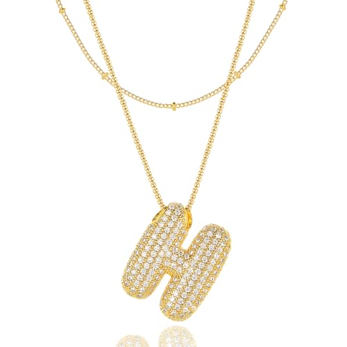Bubble Letter Necklace Gold for Women，Layered Plated Initial Pendant Puffy Zircon Name Personalized Necklaces Fashion Jewelry for Gifts