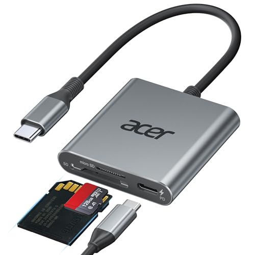 Acer UHS-II USB C SD Card Reader with 100W PD Port, 3-in-1 Type-C SD 4.0 Memory Card Reader Adapter for MicroSD SDXC SDHC MMC RS-MMC UHS-II & UHS-I Cards for iPhone 15, Macbook, Tablet, Cameras (Grey)