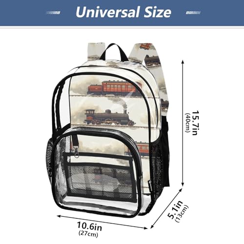 Kids PVC Clear Backpack Steam Train Red Black Heavy Duty Multi-pockets Large Capacity Transparent See Through Bookbag for School Travel Sport Work4