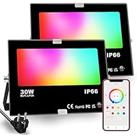iLC Foco LED RGB de Colores 30W, cambio de color RGBW equivalente a 300W, 16 millones de color, temporización, 2700K blanco cálido, IP66 a prueba de agua (Paquete de 2)