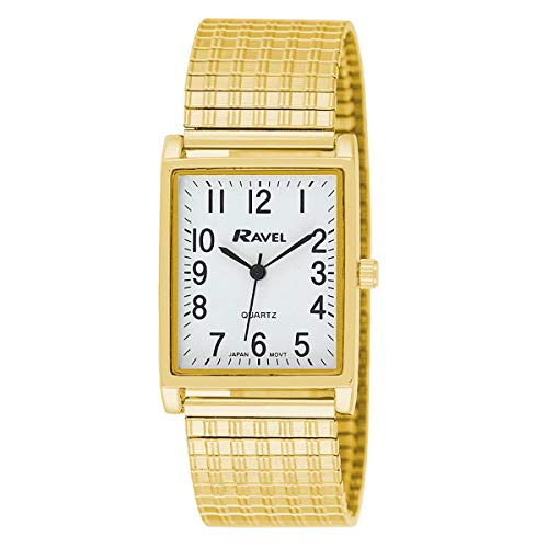 Ravel Gents White Rectangle Dial Goldtone Expander Bracelet Strap Dress Watches, Gift for Men, R0220.01.1