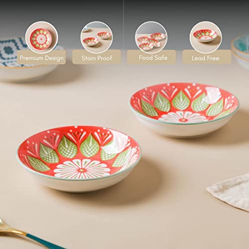 Image of Nestasia Ceramic Round Snack Plate Set of 4 (5.5 Inch Each) - Floral Dahi Bhalla Plate for Serving Chaat, Halwa, Chakna, & Desserts | Microwave & Dishwasher Safe Small Plate (Red & Green)