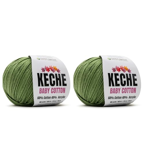 Image of Keche Baby Cotton, 60% Cotton 40% Acrylic Yarn, Soft Cotton Yarn for Crochet and Knitting, Amigurumi Yarn 4 Skeins /Balls [1.76 Oz (50g) / 180 Yrds (165m)] x 2 Olive Green