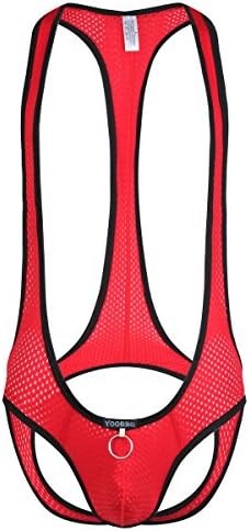 Sexy Men Bodysuit Jumpsuits Underwear Lingerie Leotard Jockstrap Breathable Stretch Open Butt Outfits Ring Hit Color Red