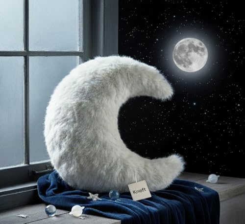 Image of Moon Plush Pillow, White Faux Fur, Decorative Throw Cushion (Big)