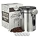 Kitcoff Coffee Grounds and Beans Container Canister with Date Tracker, CO2-Release Valve and Measuring Scoop - Made of Stainless Steel with Airtight Lids - Large, 22oz, Silver