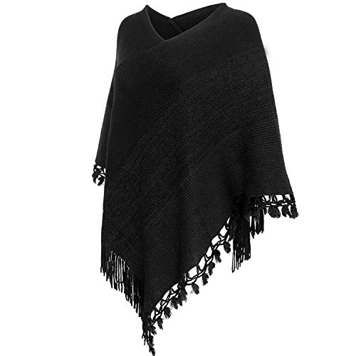 Fomolom Women Striped Poncho with Tassels Knitted Shawl Scarf Fringed Wrap Sweater Pullover Cape Gifts for Women3