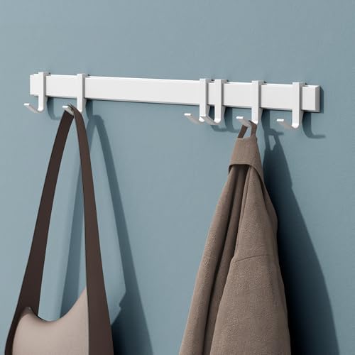 Mai & Mai Kleiderhaken zum Bohren oder Kleben, Garderobenleiste aus Aluminium mit 6 verstellbaren Haken, Garderobenhaken Wandhaken 60cm Matt weiß Stalo-12