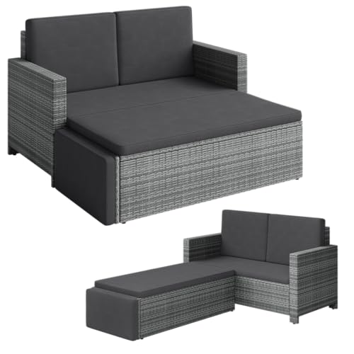 STEELSØN Elnath Gartensofa 2-Sitzer – Rattan Gartenlounge Grau/Anthrazit – Sitzgruppe mit Hocker – Loungebett für Balkon/Garten/Terrasse – Outdoor Sofa Set mit Polster – Balkonmöbel wetterfest