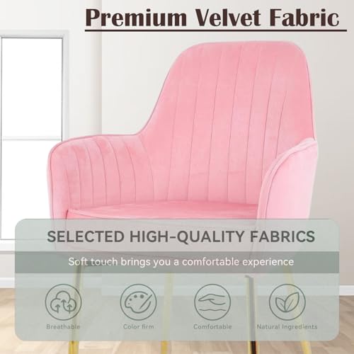 Image of Velvet Accent Chair | Luxury Upholstered Armchair with Sturdy Metal Legs | Modern Comfortable Chair for Living Room, Bedroom, Office, or Cafe (Golden Legs, Baby Pink)
