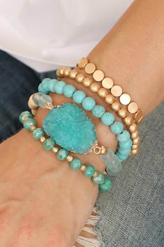 RIAH FASHION Bohemian Acrylic Druzy Multi-Layer Bead Statement Bracelet - Versatile Faux Stone Pendant Stretch Strand Stackable Cuff Bangle Set Sparkly Crystal3