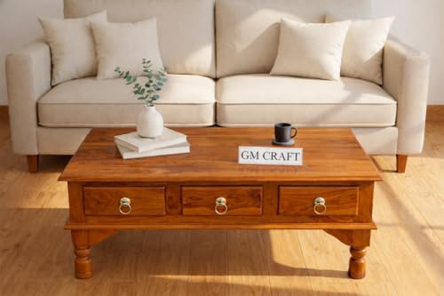 Image of Sheeshsam Wooden Center Coffee Table with Drawers - Solid Wooden Coffee Table for Living Room - Tea Table Teapoy Center Piece for Home Sofa Center Table for Living Room (Honey, Ryan)