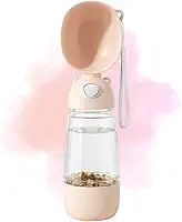 Garrafa Bebedouro Portátil 2 em 1 para Cães Gatos Coelho, Anti Vazamento, 400ml Água 200ml Ração, Rosê, 28cm