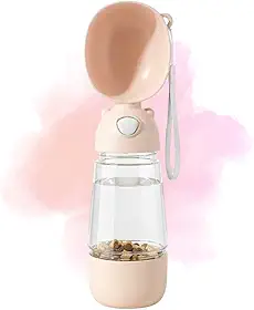 Garrafa Bebedouro Portátil 2 em 1 para Cães Gatos Coelho, Anti Vazamento, 400ml Água 200ml Ração, Rosê, 28cm